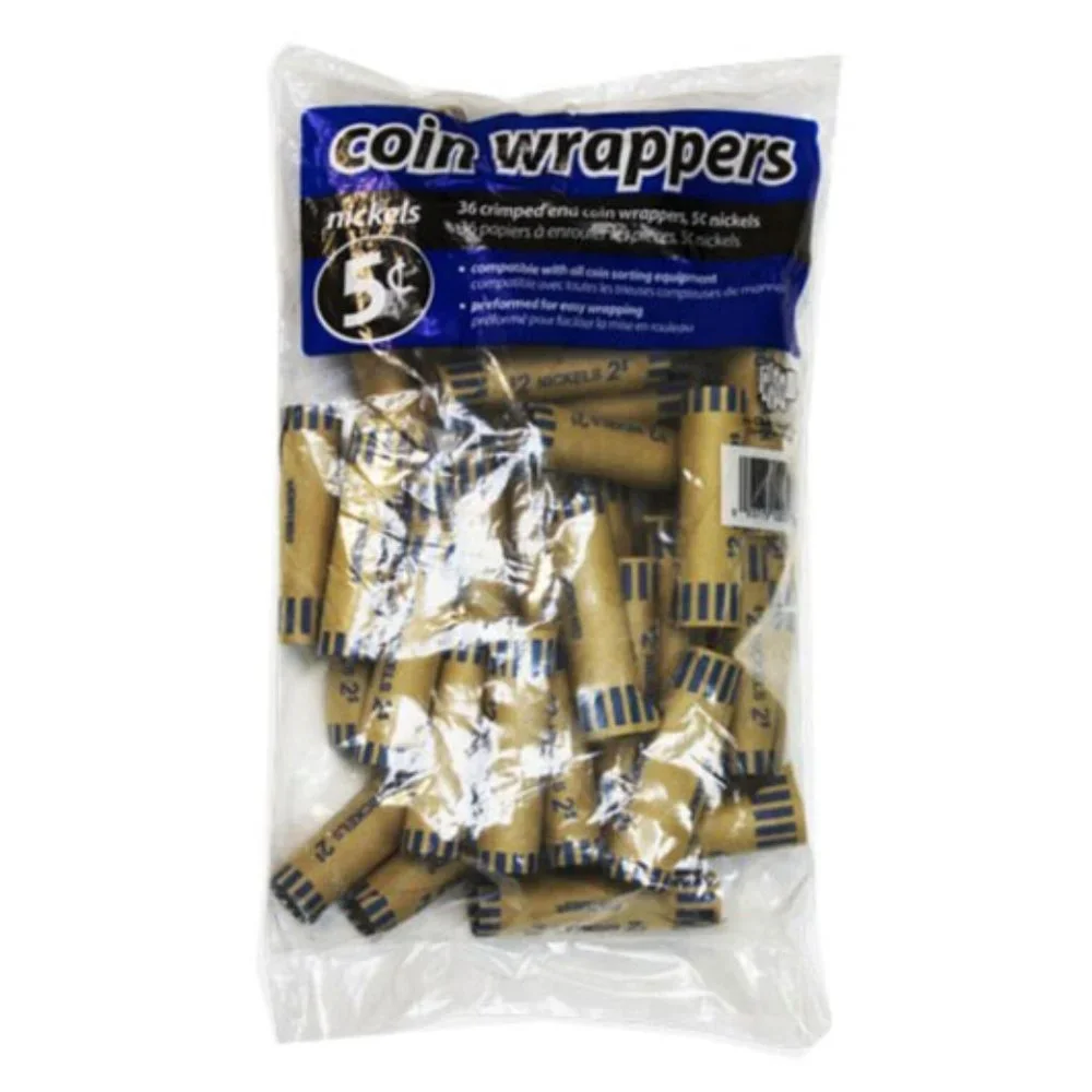 36 ROLLS PREFORMED NICKELS COIN WRAPPERS TUBES 5 CENTS (Holds $2 Each) (1 Pack)